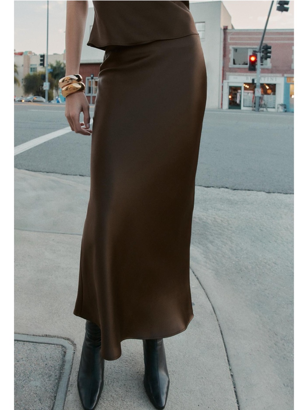 Zara Chocolate Brown Satin Midi Skirt